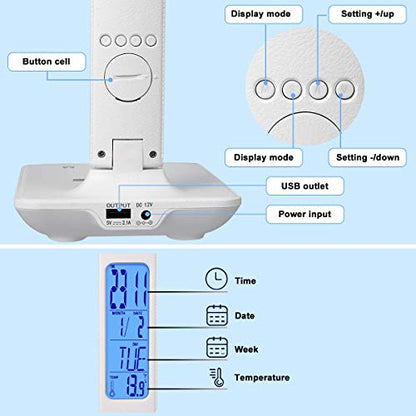 LED Desk Lamp with Wireless Charger, Suitable for Home, Office Dimmable, with USB Charging Port, Built-in Clock, Calendar, Thermometer and Automatic Timing Reading Desk Lamp. - color: White