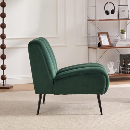 Velvet Slipper Chair, Armless Upholstered Accent Chair with Black Metal Legs, Modern Lounge Chair for Living Room, Bedroom, Office & Reading Nook (Green+Metal) - color: Green+metal
