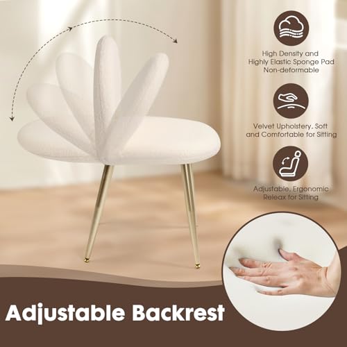 Vanity Chair with Adjustable Backrest, White Sherpa Vanity Stool | Upholstery Amless Makeup Stool, Boucle with Gold Metal Legs for Bedroom Living Room Kitchen Dinning Room (Off White) - color: Gold Sherpa White