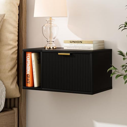 Masupu Floating Nightstand, Wall Mounted Floating Bedside Table with Storage Drawer and Open Shelf, Modern Bedroom Nightstand, 19.3" x 11.4" x 10", Black - color: Black