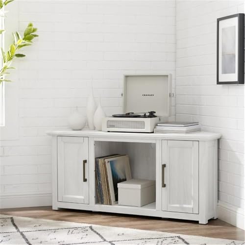 Pemberly Row Modern Rustic Wood Corner TV Stand, 48 in, Whitewash Finish, Fits TVs Up to 50 in, Adjustable Shelving, Cable Management, Antique Brass Hardware, MDF Construction, Living Room - color: Whitewash