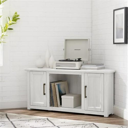 Pemberly Row Modern Rustic Wood Corner TV Stand, 48 in, Whitewash Finish, Fits TVs Up to 50 in, Adjustable Shelving, Cable Management, Antique Brass Hardware, MDF Construction, Living Room - color: Whitewash
