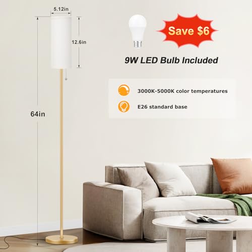 64" Floor Lamp with Bulb & Lampshade & Chain Switch, Beige & Gold | 3 Color Temperature,9W LED bulb,Minimalist Floor Lamp,Tall Pole Lamps,Living Room,Bedrooms,for Study,Office - color: beige & gold, size: 64.56 inches 1PCS