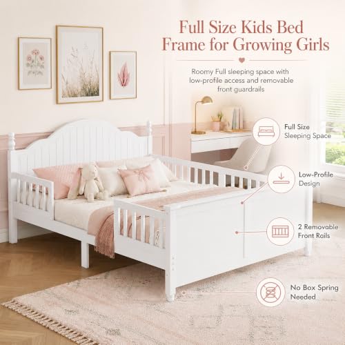 Full Size Kids Bed Frame with Removable Guardrails, Low Profile, White | 3 guardrail setups: all installed, front removed or all removed; 8 slats; 6-inch mattress sold separately; no box spring - color: White, size: Full