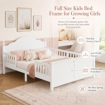 Full Size Kids Bed Frame with Removable Guardrails, Low Profile, White | 3 guardrail setups: all installed, front removed or all removed; 8 slats; 6-inch mattress sold separately; no box spring - color: White, size: Full