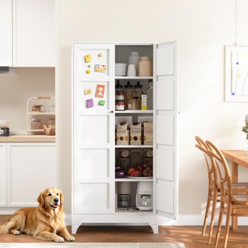Metal Storage Cabinet with 2 Doors and 4 Adjustable Shelves,- 72" White Kitchen Pantry Storage Cabinet for Kitchen,Living Room,Dining Room - color: White, size: 72"H Larger