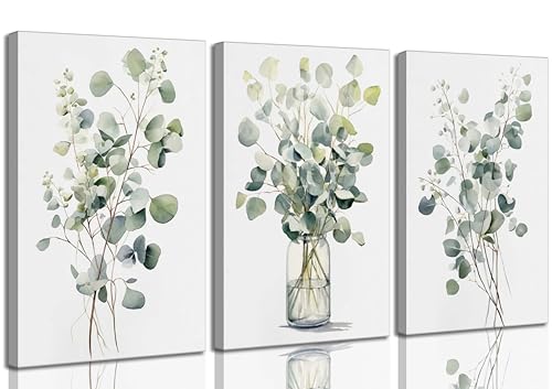HOMTAI 3Pcs Botanical Canvas Wall Art 16x24Inch | Sage Green Eucalyptus Leaves Painting Picture Wall Decor Plant Watercolor Poster Print Artwork for Bedroom Bathroom - color: Canvas, size: 16L" x 12W"