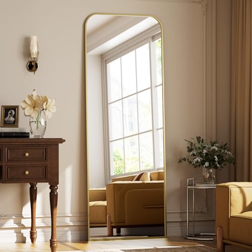 Full Length Mirror 64"x21" Arched Floor Standing Large Mirrors | Full Body Mirror with Stand - with Aluminum Frame for Bedroom Living Room, Gold - color: Gold, size: 64"L x 21"W