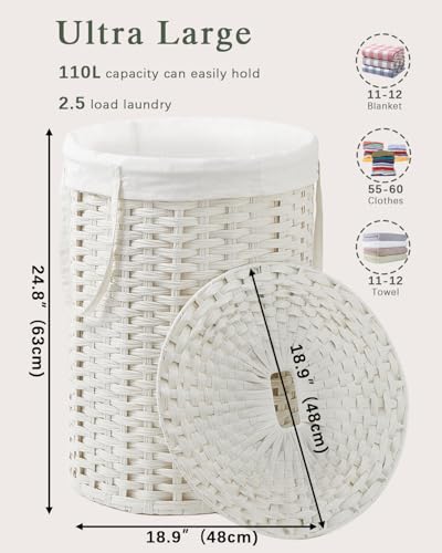 SETVSON Laundry Basket with Lid Round PE Rattan Laundry Hamper, White | 110L Large Woven Basket with Lid, Removable Washable Liner Bag, 2 Mesh Laundry Bags, Foldable Long Side Handles Versatile - color: White, size: 110 L