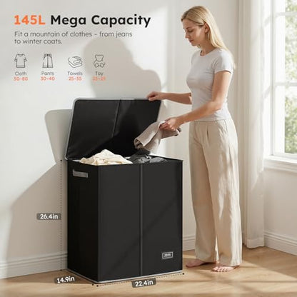 SOLEDI Double Laundry Hamper with Lid and Removable Laundry Bags,Divided Laundry Bin - Large Clothes Hamper 2 Section - Collapsible Laundry Baskets for Bedroom, Bathroom, Laundry Room,Black - color: Black, size: 145l