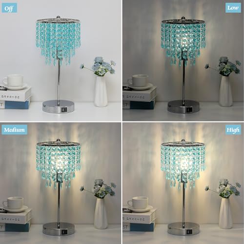 Touch Control Crystal Table Lamp, 3-Way Dimmable Lamp with USB A+C Ports | Nightstand Touch Lamp for Bedroom, Silver with Teal Crystal Shade, Bedside Lamp for Living Room, Girl Room, LED Bulb Included - color: Light Teal