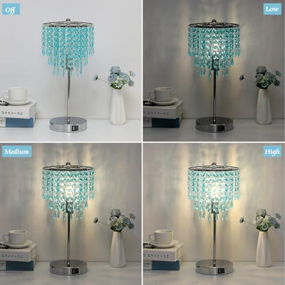 Touch Control Crystal Table Lamp, 3-Way Dimmable Lamp with USB A+C Ports | Nightstand Touch Lamp for Bedroom, Silver with Teal Crystal Shade, Bedside Lamp for Living Room, Girl Room, LED Bulb Included - color: Light Teal