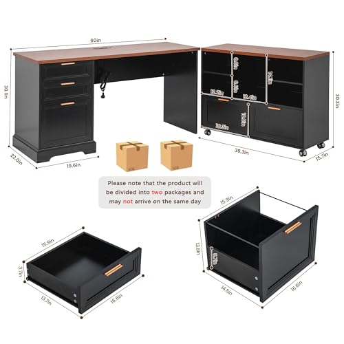 60" Professional Office Desk with 40" Mobile File Cabinet,Business Desk with Charging Station,L Shaped Executive Desk Set for Office Work,Home Study - color: Walnut & Black