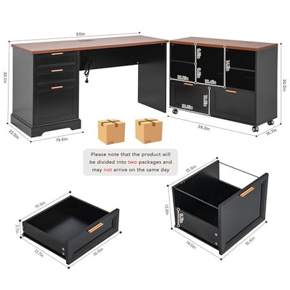 60" Professional Office Desk with 40" Mobile File Cabinet,Business Desk with Charging Station,L Shaped Executive Desk Set for Office Work,Home Study - color: Walnut & Black