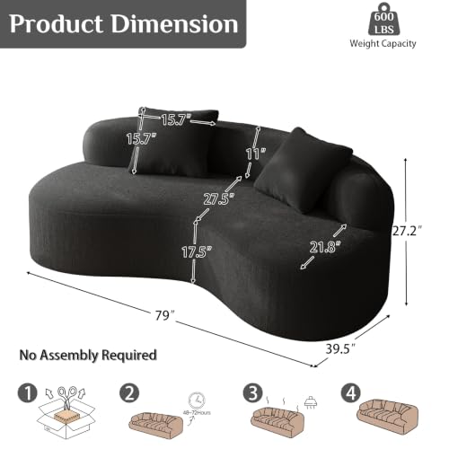 79" Curved Loveseat, Boneless Deep Seat Boucle Cloud Sofa, Black | Curved boneless design, deep plush seating, soft boucle upholstery and 2 pillows deliver cloud-like comfort for living rooms. - color: Black