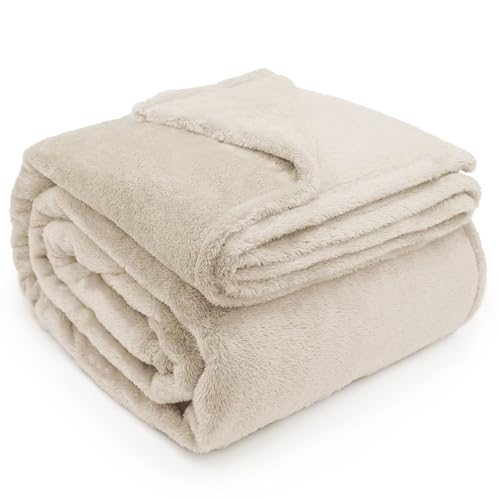 DEZ FURNISHINGS Ultra Soft Plush Fleece Throw Blanket, Double Sided Cozy Thick Warm Blanket for Sofa & Bed, Twin (66" x 90"), Beige - color: Beige, size: Twin (66" x 90")