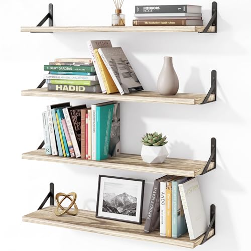 YGEOMER 23.6in Floating Shelves for Wall, Light Carbonized Brown, Set of 4 | Rustic wood shelves with metal brackets. Space-saving for books & decor. Works in bathroom, kitchen, living room & bedroom. - color: Light Carbonized Brown, size: 23inch Standard