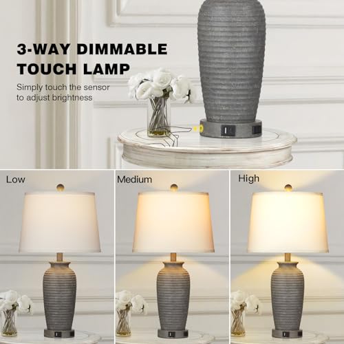 CINSARY 25" Farmhouse Jar Table Lamps Set of 2, 3 Way Touch Control Rustic Bedside Lamps with USB A+C Ports & AC Outlet, Pot Nightstand Lamps for Bedroom Living Room (LED Bulbs Included) - color: Gray