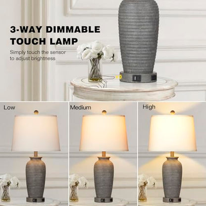 CINSARY 25" Farmhouse Jar Table Lamps Set of 2, 3 Way Touch Control Rustic Bedside Lamps with USB A+C Ports & AC Outlet, Pot Nightstand Lamps for Bedroom Living Room (LED Bulbs Included) - color: Gray