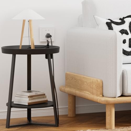Round End Table with Charging Station, USB Ports and Anti-Drop Fence, Wood Tabletop & Black Metal Frame, 2-Tier Side Table for Living Room, Bedroom, Black 15.7 * 15.7 * 23.0 inches - color: Black, size: 15.75"D x 15.75"W x 23"H (with Charging Station)