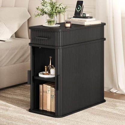 Side End Table with Charging Station, Slim Nightstand with Drawer, Mid-Century Wood Skinny Bedside Table with Storage, Narrow Side Tables for Small Space Living Room Bedroom Office Sofa Couch Black - color: Black