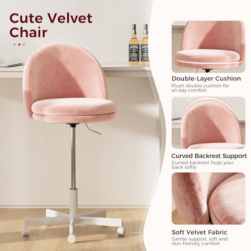 GTPLAYER Velvet Tall Office Chair with Wheels Vanity Chairs with Back, Versatile Height Use: Office to Bar Stools Small Ergonomic Comfy Armlees Computer Desk Chair with Bow Lumbar Pillow for Gift - color: Ve-pink