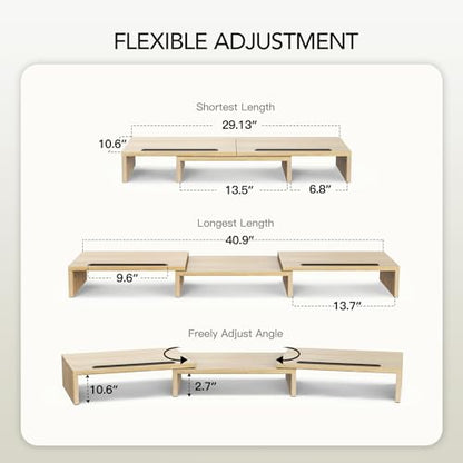 AMERIERGO Dual Monitor Stand Riser- 3 Shelf Screen Stand with Adjustable Length and Angle, 2 Extra Functional Slot Desktop Organizer Stand for PC, Computer, Laptop (Light Wood) - color: Light Wood
