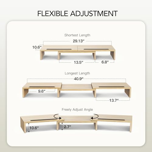 AMERIERGO Dual Monitor Stand Riser- 3 Shelf Screen Stand with Adjustable Length and Angle, 2 Extra Functional Slot Desktop Organizer Stand for PC, Computer, Laptop (Light Wood) - color: Light Wood