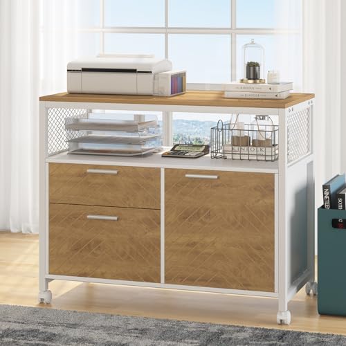 Tribesigns Modern File Cabinet with Drawers for Letter-Sized File and Door, Lockable lateral Filing Cabinet Printer Stand with Storage Shelves and with Rolling Caster for Home Office (Light Walnut) - color: Light Walnut