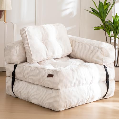 MAXYOYO Folding Sofa Bed, Convertible Chair Bed with Pillow | L-Shaped Floor Sofa with Armrest and Pillow, Foldable Portable Fold Out Comfy Chair Bed for Living Room Bedroom, Beige - color: Beige