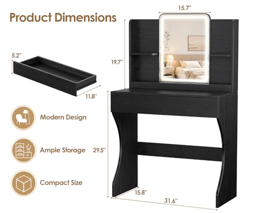 White Small Vanity Desk with Mirror and 3 Adjustable Light Modes | Dimmable Lighting, Multi Storage Area, Quick Assembly, CARB P2 Certified Material - color: Black