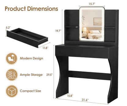 White Small Vanity Desk with Mirror and 3 Adjustable Light Modes | Dimmable Lighting, Multi Storage Area, Quick Assembly, CARB P2 Certified Material - color: Black