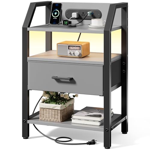 HLDIRECT Compact Nightstand with Charging Station, Warm LED Bedside Table | Fabric Drawer & Shelf, FSC Wood, 66 lbs, 18.1"W x 11.5"D x 26"H, Adjustable Feet, Compact for Small Bedroom, Dorm, Grey - color: Grey, size: 1 Drawer
