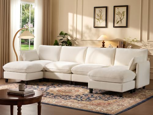 Ihanherry 139" U-Shaped Modular Sectional Couch, Oversized Cloud Sofa with Large Cushions & Movable Ottoman, Chenille Deep Seat Sectional for Living Room, Beige - color: Beige Cream, size: 139" 6 Seat U Sofa