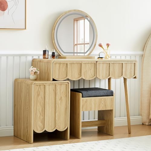 Vanity Desk with Mirror and Lights, Modern Wood Wave Panel Vanity Desk Set Makeup Table with Drawers and Cabinet, Dressing Table with Storage for Bedroom, Natural - style: Natural