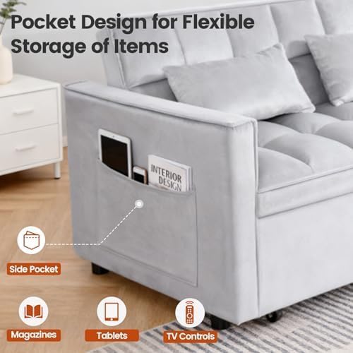 Sleeper Sofa Bed with Adjustable Backrest & Side Pockets, Gray | Adjustable Backrest & Side Pockets,Pull Out Sofa,Comfortable Fabric - color: S-light Gray-gw