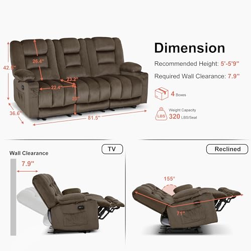 MCombo 82 in 3 Seater Reclining Sofa with Heat and Massage PR647 (Brown) | 155° Zero Gravity, Reclining Middle Seat, Dual Charging Ports, Cup Holders, FSC & OEKO Certified - color: Dark Brown, size: 3 Seater Recliner with Zero Gravity