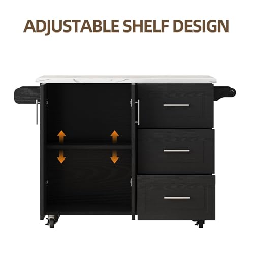 43" Kitchen Island on Wheels, Rolling Kitchen Island with Storage, Black | Modern Design, with Drop Leaf, 3 Storage Drawers, Spice Rack & Towel Rack, Faux Marble Tabletop, for Kitchen Dining Room - style: Black