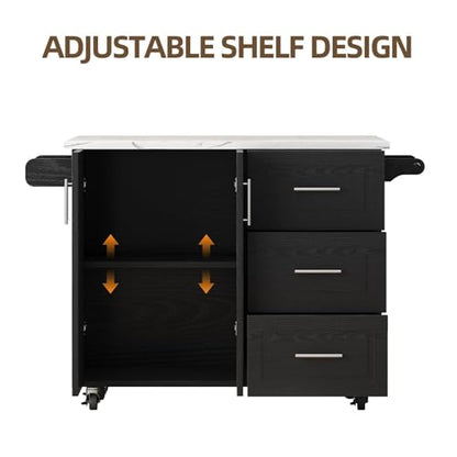 43" Kitchen Island on Wheels, Rolling Kitchen Island with Storage, Black | Modern Design, with Drop Leaf, 3 Storage Drawers, Spice Rack & Towel Rack, Faux Marble Tabletop, for Kitchen Dining Room - style: Black