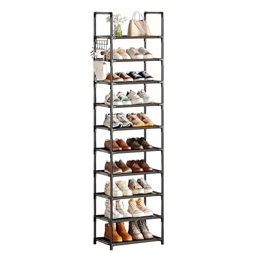 Simple Trending 10 Tiers Tall Shoe Rack for Closet, Black | Narrow Shoe Shelf, Holds 20 Pairs, Shoe Organizer Storage, With Hooks - size: 10 Tiers Narrow, Black