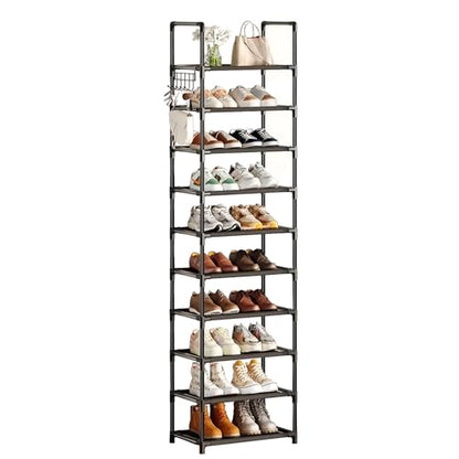 Simple Trending 10 Tiers Tall Shoe Rack for Closet, Black | Narrow Shoe Shelf, Holds 20 Pairs, Shoe Organizer Storage, With Hooks - size: 10 Tiers Narrow, Black