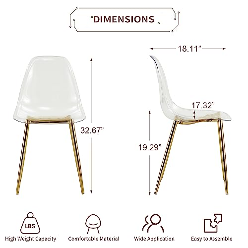 Baysitone Clear Dining Chairs Set of 6, Modern Kitchen Chairs with Transparent Seat, Acrylic Accent Side Chairs with Golden Plating Metal Legs for Dining Room, Kitchen, Living Room - color: Golden, size: Set of 6