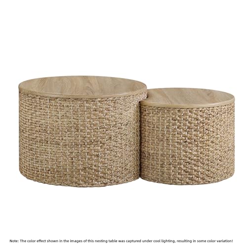 Nesting Coffee Table Set of 2, Rustic Crate and Barrel Coffee Table, Hand-Woven Woven Nesting Tables with Soild Wood Cover for Living Room, Bedroom - color: Beige White（under Cool Light）