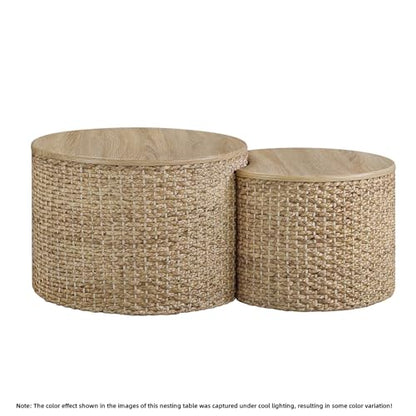 Nesting Coffee Table Set of 2, Rustic Crate and Barrel Coffee Table, Hand-Woven Woven Nesting Tables with Soild Wood Cover for Living Room, Bedroom - color: Beige White（under Cool Light）