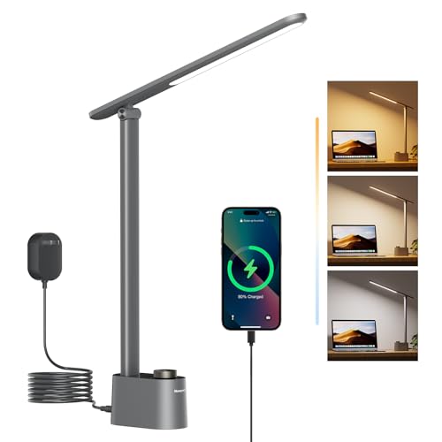 Honeywell LED Desk Lamp, Sunturalux™ Grey Desk Lamps for Home Office USB | Foldable LED desk lamp with USB-C/A charger, RG0 eye-safe, CRI95, stepless dimming 10%-100%, 3 color temps (3000K-5000K) - color: Gray