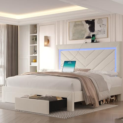 Queen Size Bed Frame with Adjustable Headboard and Storage Drawer, Upholstered Bed Frame Queen with RGB LED Lights and Charging Station, Easy Assembly, No Box Spring Needed, Off White - color: Off White, size: Queen