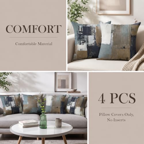 Brown Grey Abstract Throw Pillow Covers 16x16 Set of 4 | Brown, Grey & Taupe Modern‑Art Cushion Cases, neutral aesthetic pillowcases for sofa, bedroom & chair - color: Earth Tone Brown and Blue Grey, size: 16" x 16" (Pack of 4)