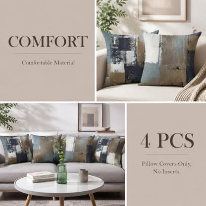 Brown Grey Abstract Throw Pillow Covers 16x16 Set of 4 | Brown, Grey & Taupe Modern‑Art Cushion Cases, neutral aesthetic pillowcases for sofa, bedroom & chair - color: Earth Tone Brown and Blue Grey, size: 16" x 16" (Pack of 4)