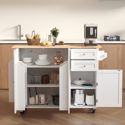 50.4" Kitchen Island with Drop Leaf & Power Outlet, Farmhouse Rolling Island Cart with 3 Spices Shelves on Wheels, Mobil Kitchen Island Table with Rubberwood Countertop Towel Rack, White - size: White