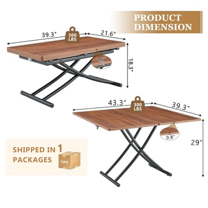 Adjustable Height Coffee Table, 4-in-1 Folding Dining Table, Walnut | Convertible lift top table for use as a coffee table, dining table, home office desk or vanity - color: Walnut & Black Legs